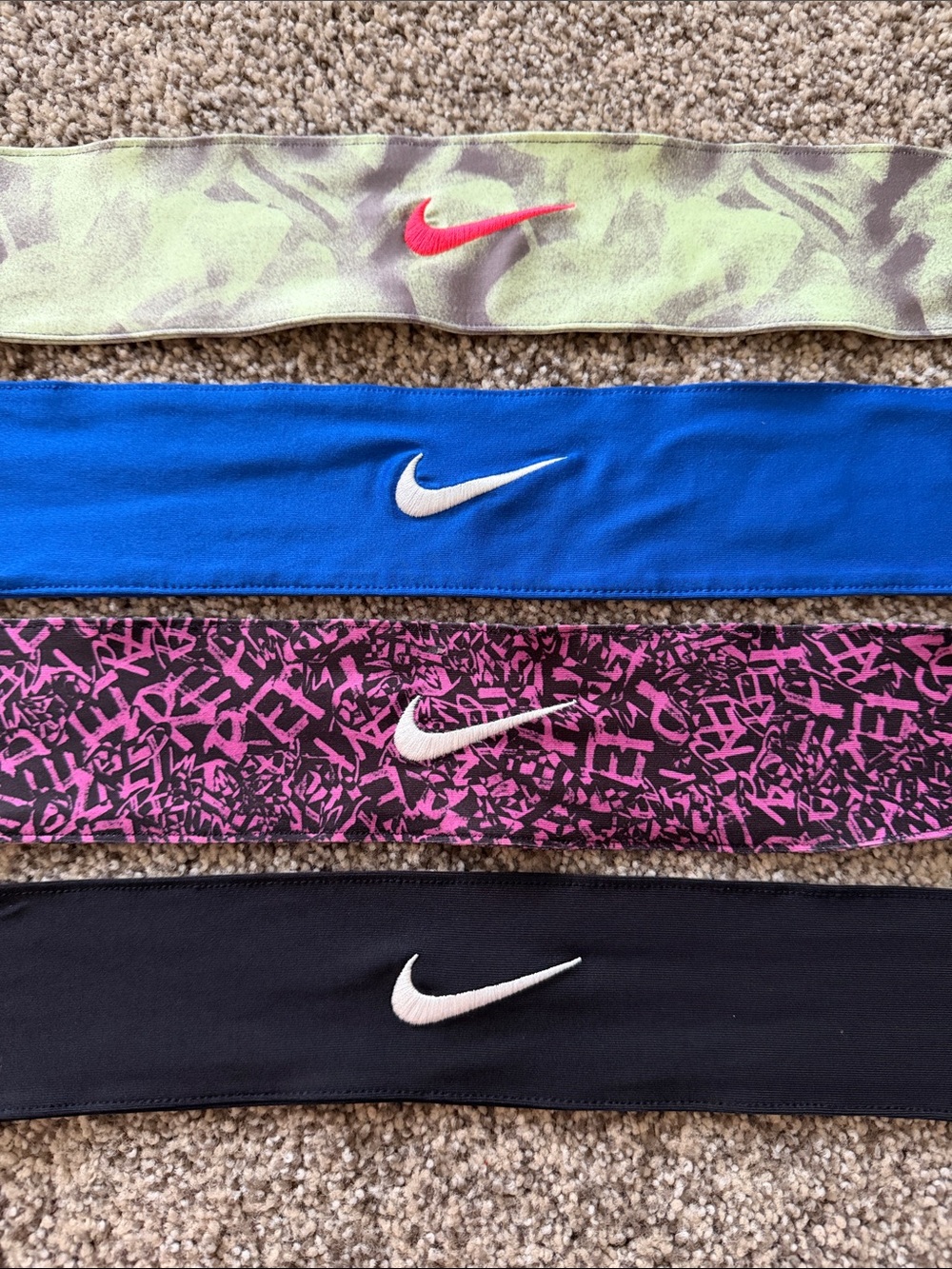 Lot of 4 Nike Tie Headbands - Green Camo, Blue, Pink Pattern, Black
